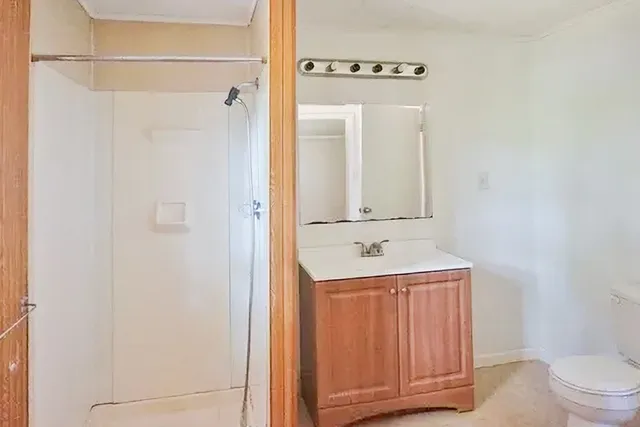 a bathroom with a sink a toilet and shower