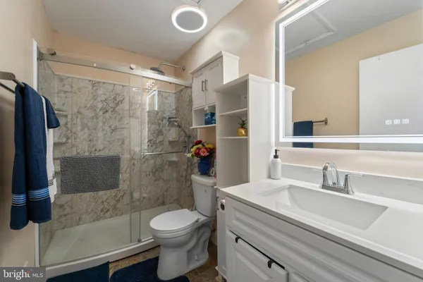 a bathroom with a sink a toilet and shower