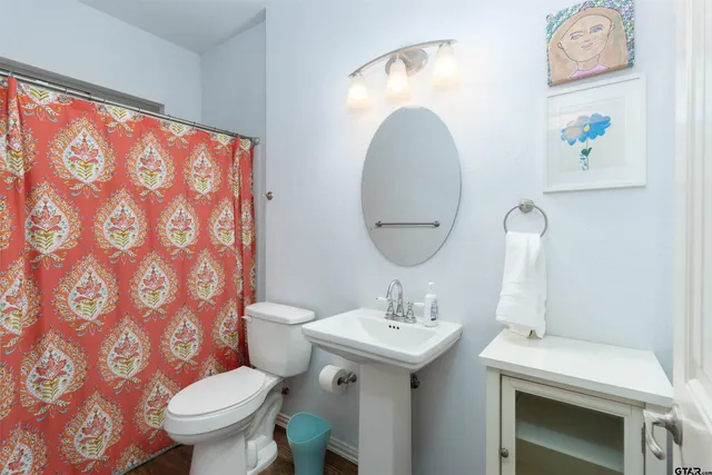 a bathroom with a sink and mirror with toilet