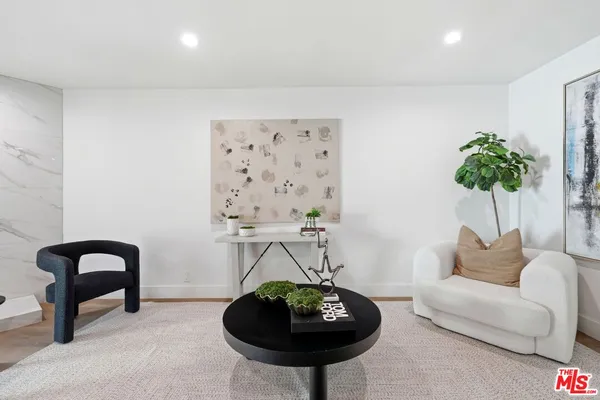 a living room with furniture a couch and a potted plant