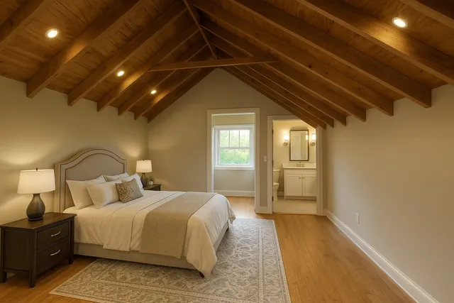 a bedroom with a bed and a mirror