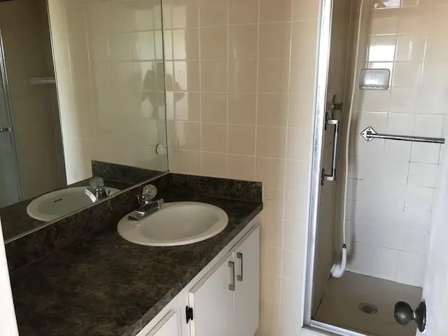 a bathroom with a granite countertop sink a mirror and a shower