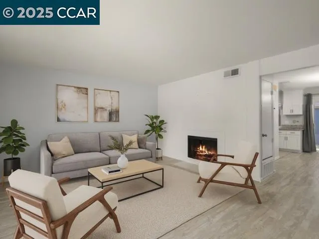 a living room with furniture and a potted plant