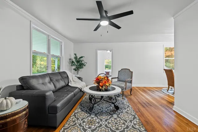 a living room with furniture a rug and a window