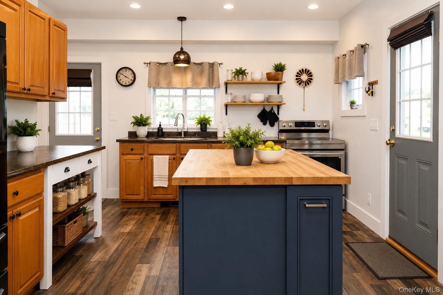 340 Dunn Road Montgomery, NY 12549 - Photo 9 of 34 Beautifully updated kitchen with butcher blocked island with soft close doors, stainless steel appliances, open shelves, recessed lighting and ceramic wood style tile flooring