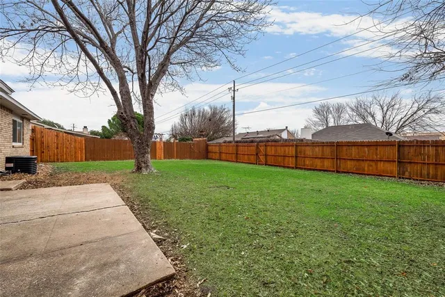 a view of a backyard with a tree
