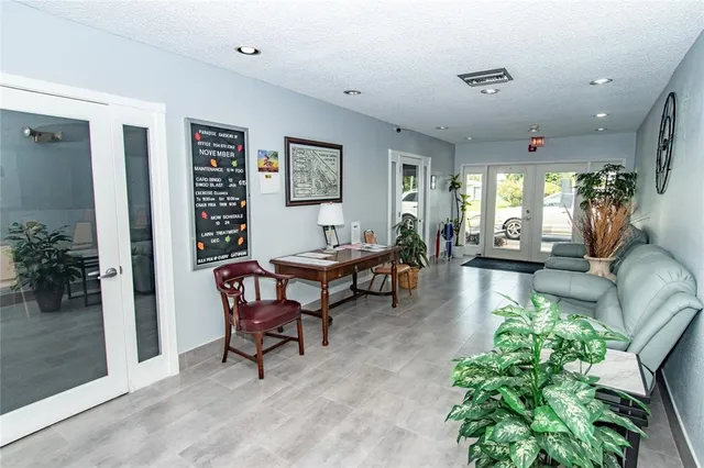 a living room with furniture and a potted plant