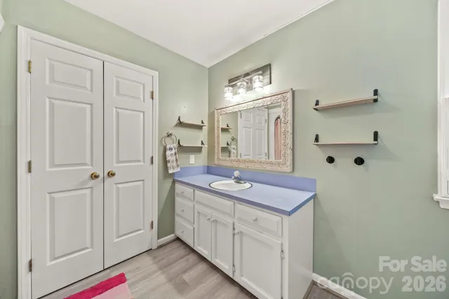a bathroom with a sink and a mirror
