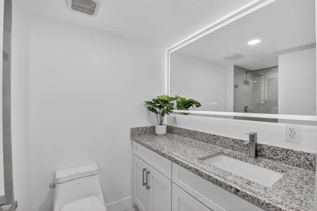 a bathroom with a shower and a toilet