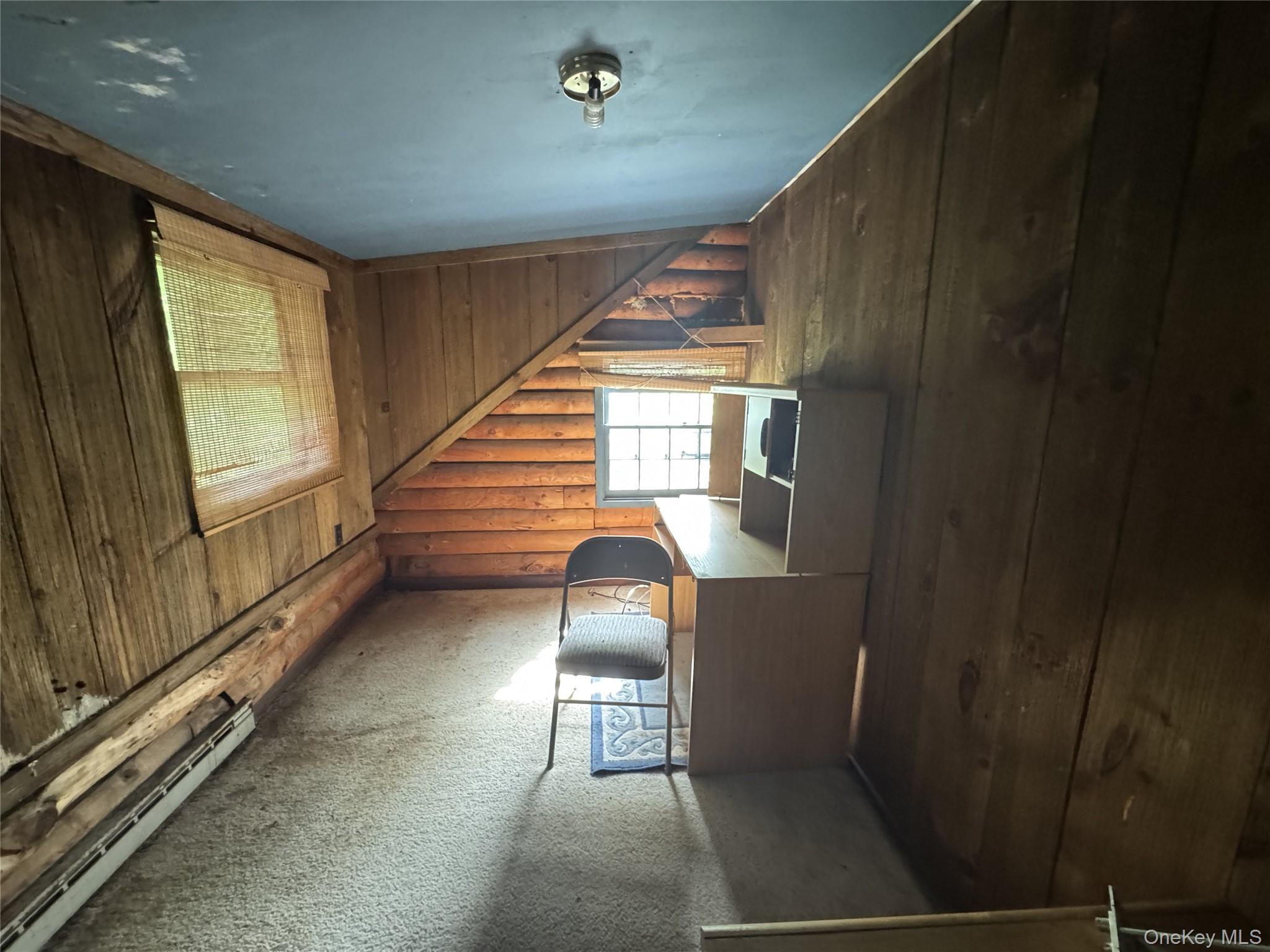 68 Union School Road Montgomery, NY 12549 - Photo 18 of 37 Unfurnished office featuring log walls, a baseboard heating unit, carpet flooring, and wood walls
