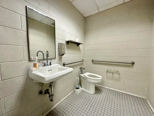 a bathroom with a toilet sink and mirror