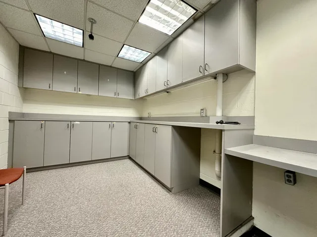 a kitchen with a sink a counter space and cabinets