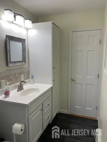 a bathroom with a sink and a mirror