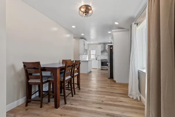 a view of a dining area with furniture