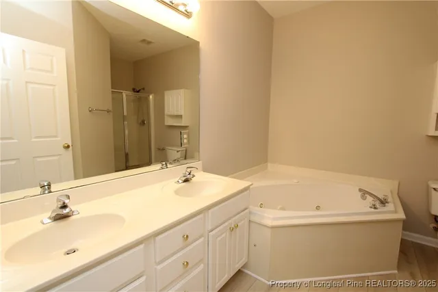 a bathroom with a tub sink and mirror