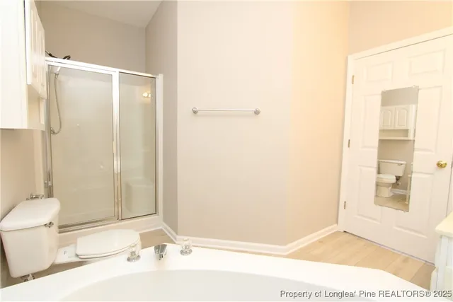 a bathroom with a shower and a toilet