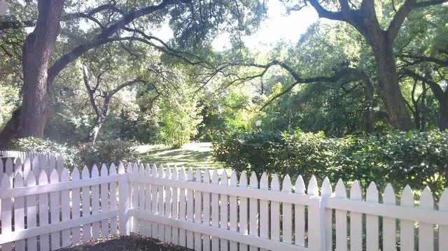 a view of a yard with wooden fence and trees
