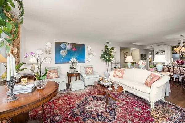 a living room with furniture and a potted plant