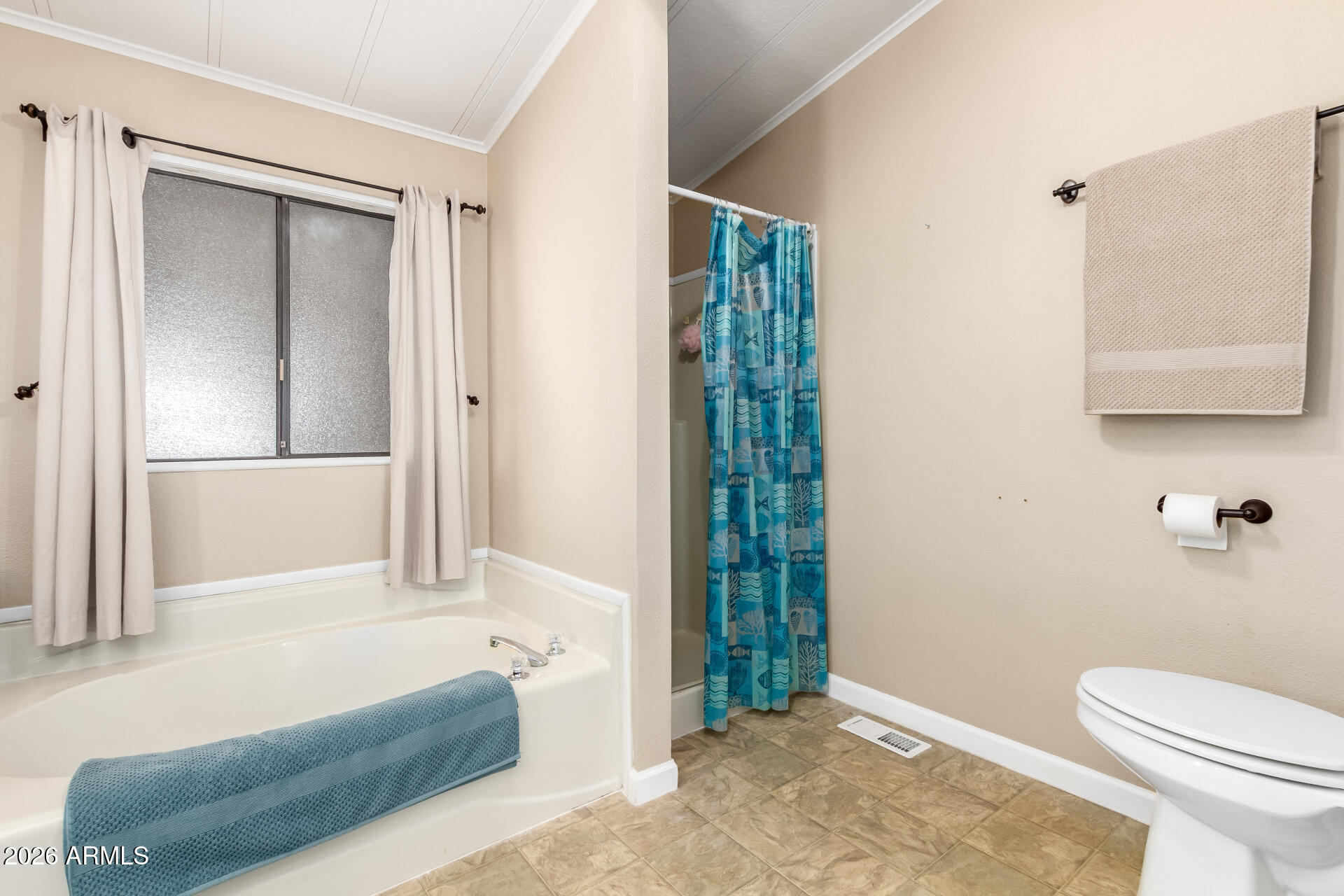 5402 East McKellips Road, Unit 186 Mesa, AZ 85215 - Photo 20 of 27 a bathroom with a tub shower and toilet