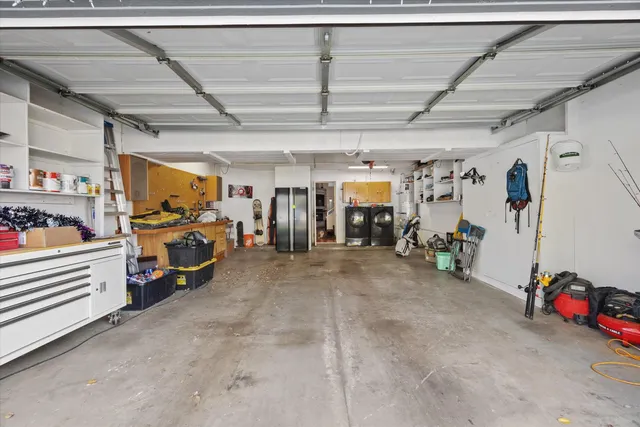 a view of a garage with storage