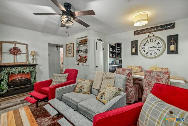 a view of a dining room with furniture
