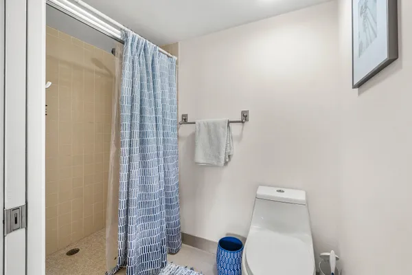 a bathroom with a shower and toilet