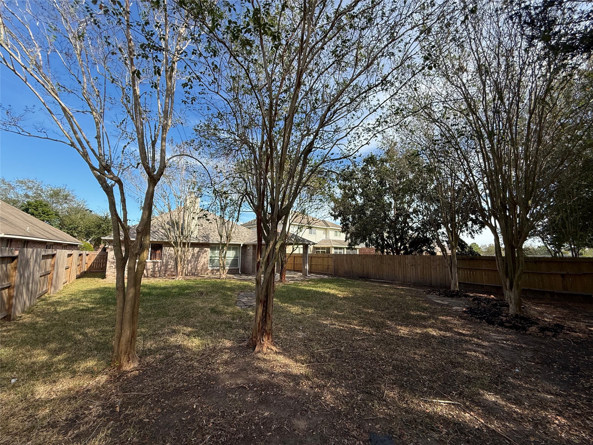 13102 Castlewind Lane Pearland, TX 77584 - Photo 31 of 31 Another view of the backyard showcasing natural landscaping and shade trees.