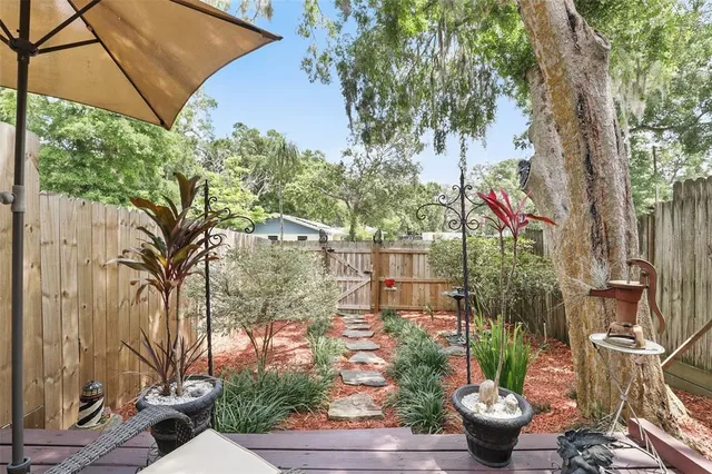 a view of a backyard with garden and plants
