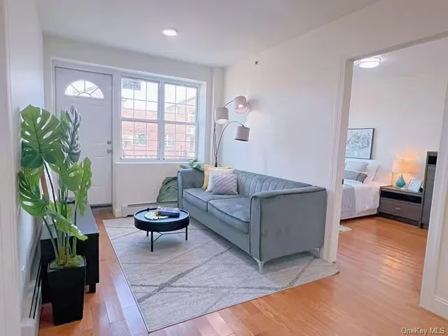 a living room with furniture and a potted plant
