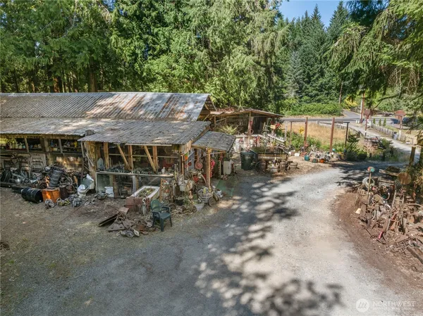 an outdoor space with patio and green space