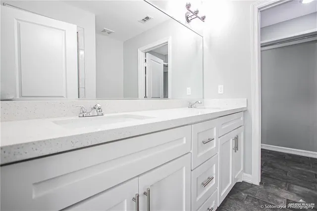 a bathroom with a sink a shower and a mirror