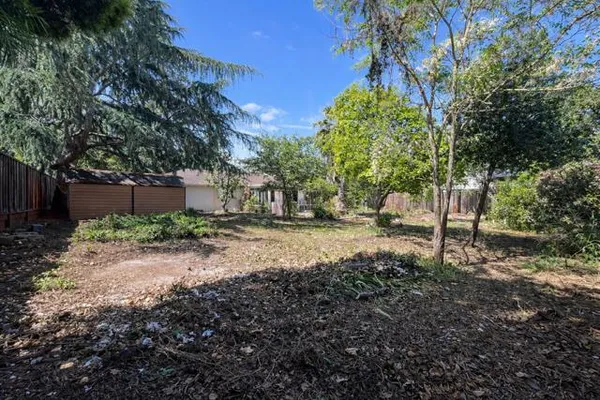 a view of backyard of house with green space