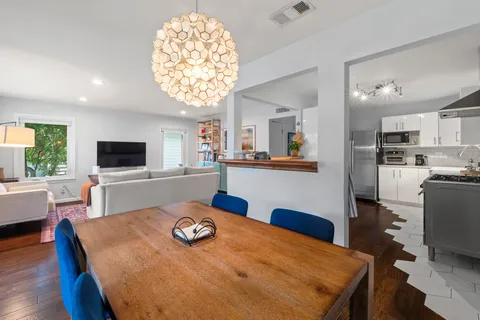 a view of a dining room with furniture