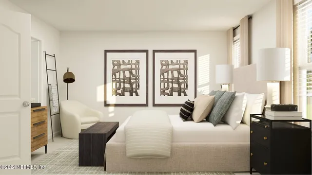 a bedroom with a bed and a large window