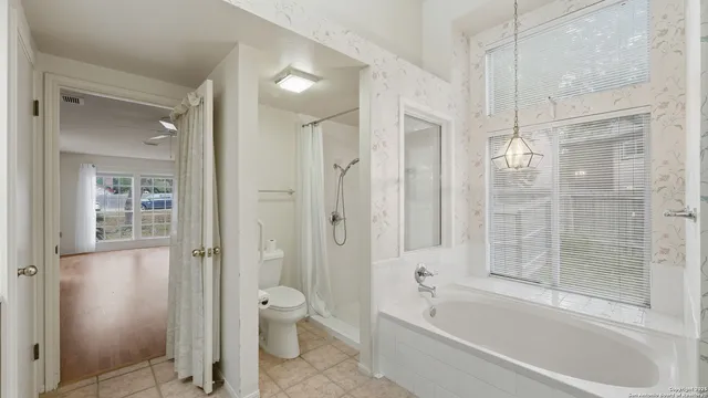 a bathroom with a bathtub shower and toilet