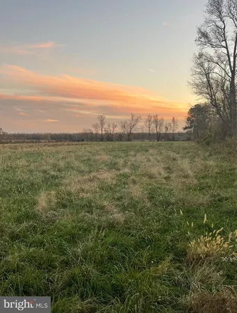 a view of a field with an ocean and mountain view