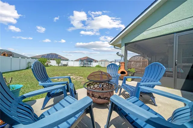 a view of a chairs and table in patio