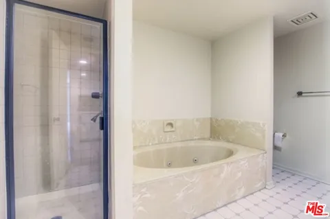 a bathroom with a bathtub and shower