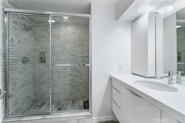 a bathroom with a shower and a sink