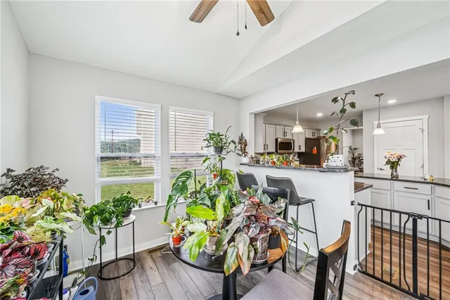 a dining room filled with furniture and a potted plant