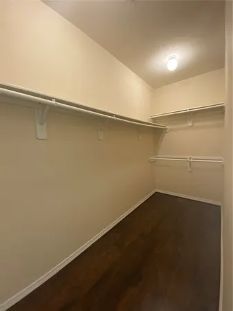 a view of a backyard with large trees and wooden fence