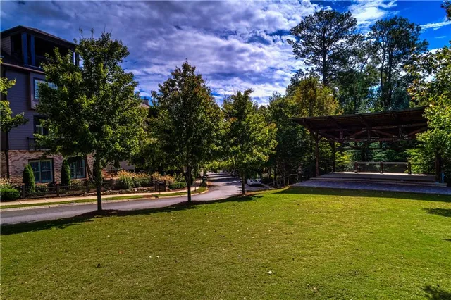 a garden view with a seating space