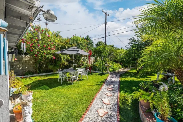 a view of a garden with a flower garden