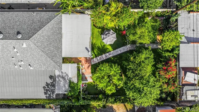an aerial view of street and covered with trees