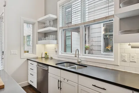 a kitchen with a sink and a window