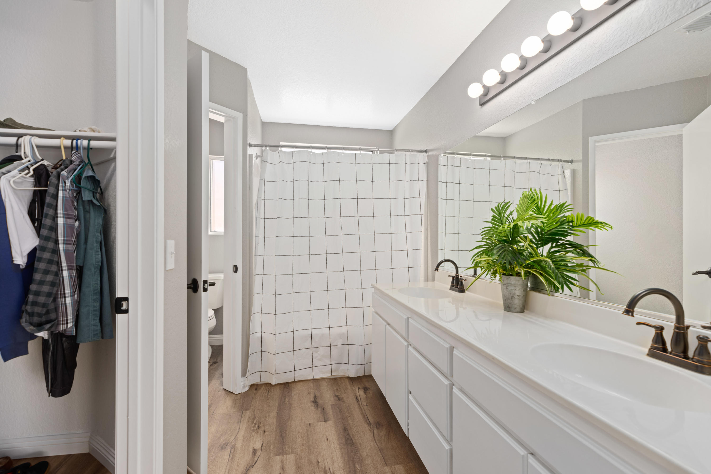 40325 Argyle Lane Palmdale, CA 93551 - Photo 12 of 24 a bathroom with a sink a potted plant and a shower