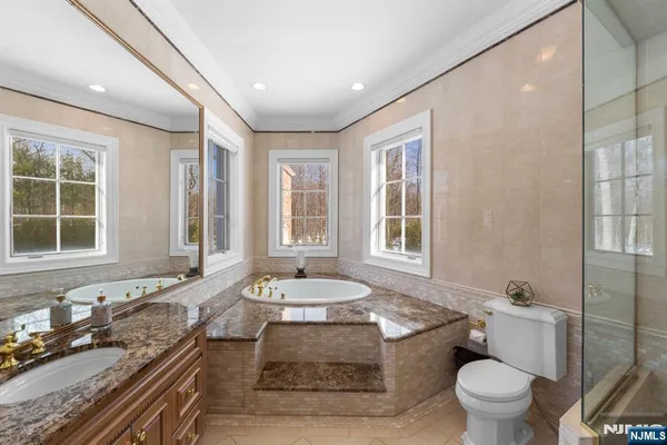 a bathroom with a granite countertop sink and a large mirror