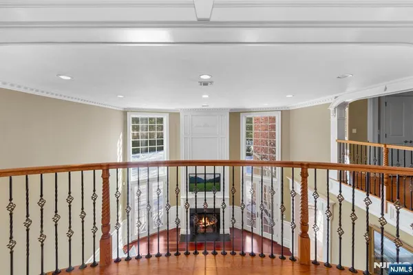 a view of a porch with wooden floor