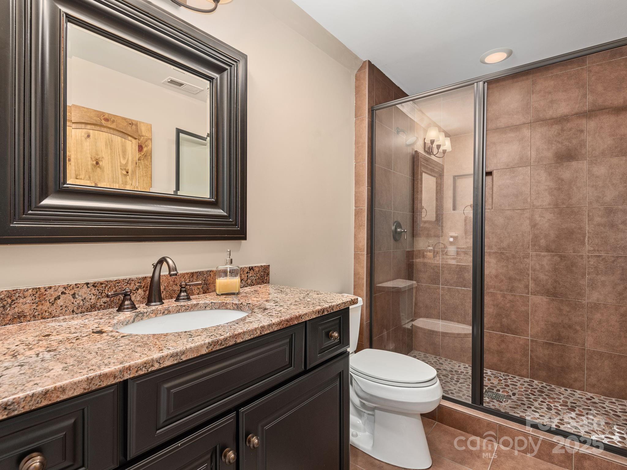120 Mossy Rock Road Sapphire, NC 28774 - Photo 26 of 47 a bathroom with a granite countertop sink toilet and shower