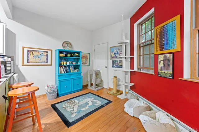 a living room with furniture rug and a window